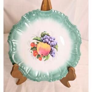 Decorative Fruit Inspired Ceramic Plate Green Scallop Edge Peach Berries Grapes